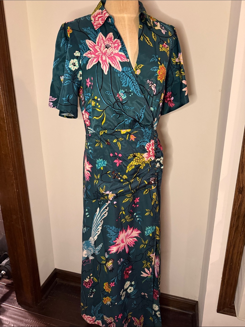 Maeve Teal Floral Wrap Maxi Dress with Pink Accents